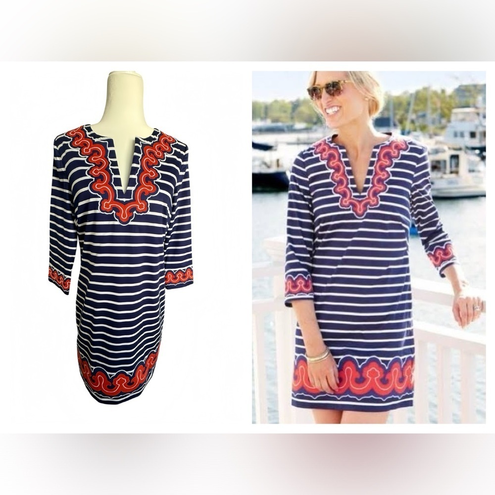 Vineyard Vines Navy White Striped Dress Red Embroidered Tunic Shift NWT Size 6